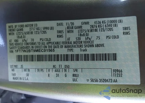 2021 Ford F250 Super Duty из США, поврежденный, VIN 1FT7W2BT9MEC01565